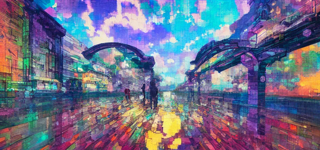 Prompt: glitchy, glitch art, Chromatic aberration, Leeds Briggate, oil painting, studio ghibli