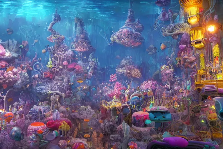 Image similar to the most amazing dream you ever had about undersea bikini bottom city, hyper realistic, ambient lighting, concept art, intricate, hyper detailed, smooth, dynamic volumetric lighting, octane, cinematic