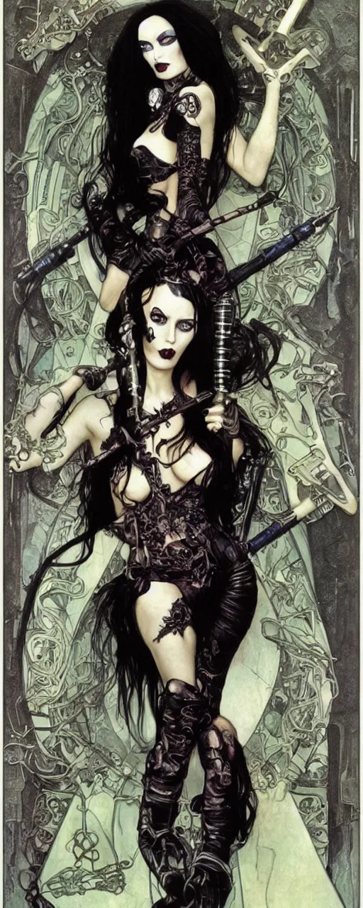 Image similar to striking sensual gorgeous crustpunk art nouveau portrait of morticia addams as an ironpunk speed metal rebel soldier by travis charest, simon bisley and alphonse mucha, photorealism, extremely hyperdetailed, perfect symmetrical facial features, perfect anatomy, ornate declotage, excited expression, wild eyes