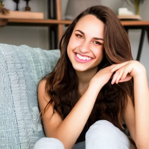 Image similar to a cute young woman smiling, long shiny bronze brown hair, full round face, emerald green eyes, medium skin tone, light cute freckles, smiling softly, wearing casual clothing, relaxing on a modern couch, interior lighting, cozy living room background, medium shot, mid-shot, soft focus