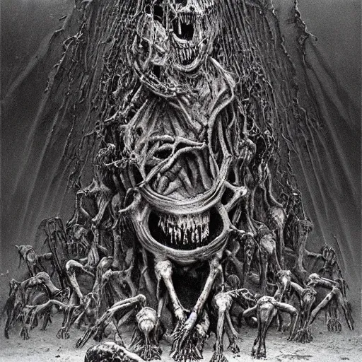 Prompt: merge skeletons in the hundreds reaching out from a broken portal to hell, melting metal vortex, beksinski + gammell + mcfarlane + giger, wispy realistic horrors