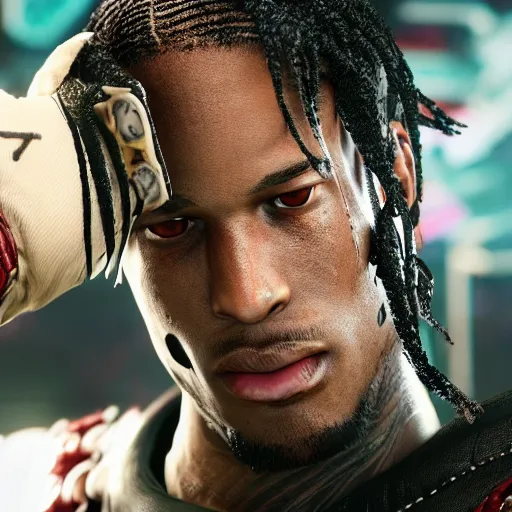 Image similar to a videogame still of Travis Scott in Tekken 7, portrait, 40mm lens, shallow depth of field, close up, split lighting, cinematic