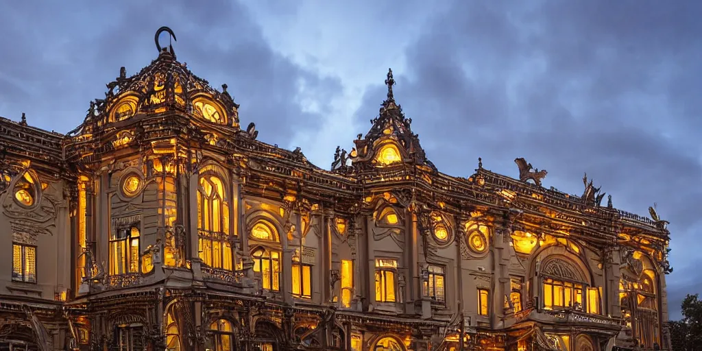 Image similar to extremely detailed ornate stunning sophisticated beautiful elegant victorian museum exterior by Henry Young Darracott Scott and Francis Fowke, stunning volumetric light, stainless steal, concrete, translucent material, beautiful sunset, tail lights