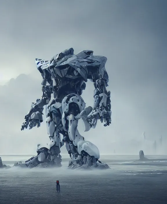 Image similar to surreal romantic mecha covenant deformation horizontal building, futuristic berserk white architecture in the beach in iceland, foggy, highly detailed, digital painting, arstation, concept art, hyperealistic octane render, unreal engine,