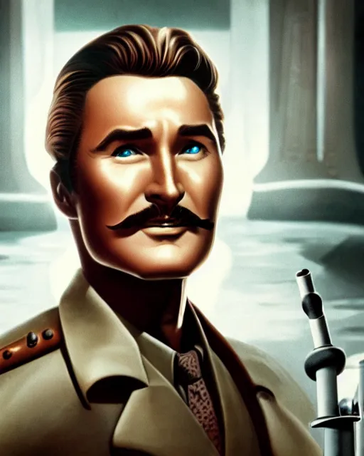 Image similar to Errol Flynn as a scientist. 1980s dystopian Soviet Russia, propaganda screens. Unreal engine, fantasy art by Ignacio Bazan-Lazcano. Faithfully depicted facial expression, perfect anatomy global illumination, radiant light, detailed and intricate environment