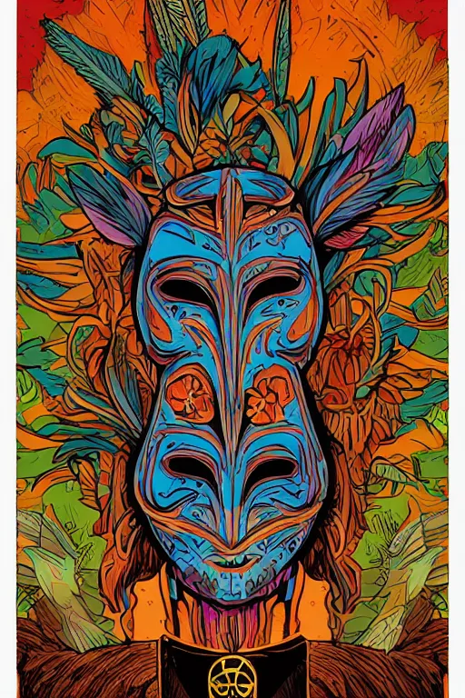 Image similar to animal mask totem roots flower tribal feather gemstone plant wood rock shaman vodoo video game vector cutout illustration vivid multicolor borderlands comics by josan gonzales and dan mumford radiating a glowing aura