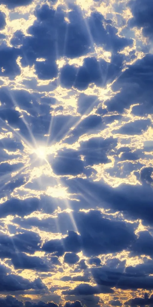 Image similar to clouds with blue rays of light coming from them, photorealistic, HD, heavenly