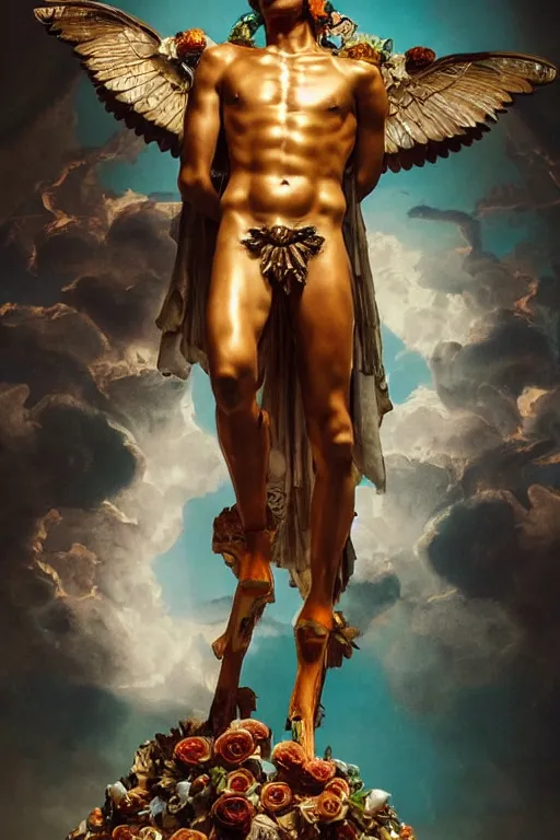 Image similar to a young handsome Spanish prince in a full-body bronze cyberpunk style statue of Icarus with glowing orange eyes, crown of white roses, flowing teal-colored silk, fabric, flowers. baroque elements, human skull. full-length view. baroque element. intricate artwork by caravaggio. many many birds birds on background. Trending on artstation, octane render, cinematic lighting from the right, hyper realism, octane render, 8k, depth of field, 3D