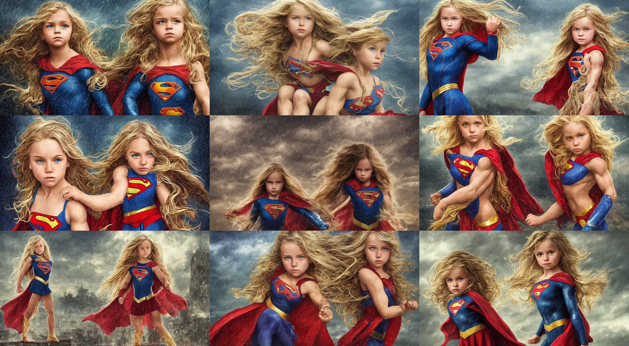 Prompt: epic portrait of a little bodybuilder supergirl with a concentrated face and extremely long blonde wavy hair, light rain, thunder storm background, intricate detailed face, city background, steve argyle, greg rutkowski, alphonse mucha, francine van hove