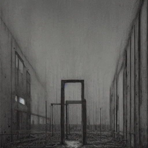 Prompt: Industrial yard. Vacant. Eerie. Unsettling. Zdzisaw Beksinski