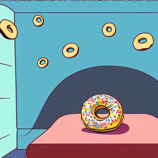 Image similar to a donut inside of a bed, cartoon, 4 k, poster art