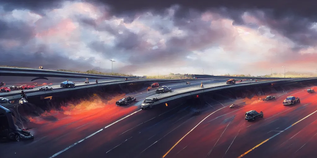 Prompt: Ignacio Bazan Lazcano Lee painting of a vehicular battle on an African highway overpass, hazy sunset with dramatic clouds, wide angle lens, low camera view, asymmetrical, trending on Artstation, High quality image