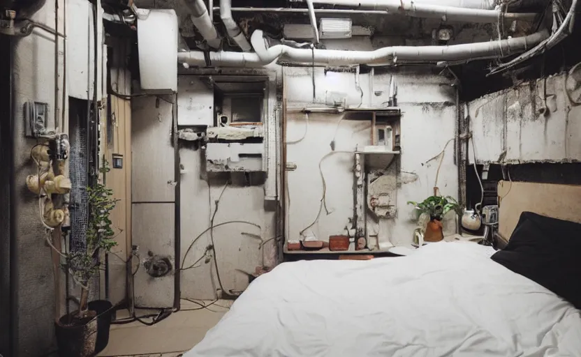 Image similar to akihabara bedroom interior, concrete, punk, bed, neon japanese lights, modernism, white, beige, black, minimalism, industrial, pipes, rust, little windows, plants, retro futurism, cyberpunk