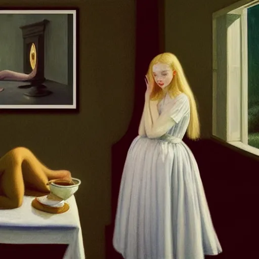 Prompt: Painting of Elle Fanning summoning the devil, long blonde hair, delicate, pale milky white porcelain skin, by Edward Hopper. Extremely detailed.