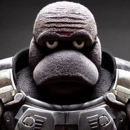 Image similar to kanye west muppet muppet in gears of war, splash art, movie still, detailed face, photorealistic facial features, cinematic lighting, dramatic, octane render, long lens, shallow depth of field, bokeh, anamorphic lens flare, 8 k, hyper detailed, 3 5 mm film grain