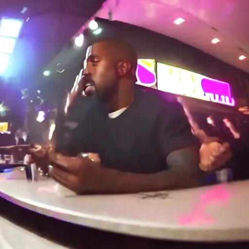 Image similar to blurry, gopro footage of kanye west eating at taco bell, cinematic, volumetric lighting, night, rain