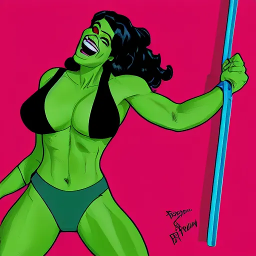 Prompt: Actress Rosario Dawson as She-Hulk, smiling, poster framed, comic pinup style, sports illustrated, detailed legs, artstation, illustration, posterized, Roge Antonio, Jen Bartel