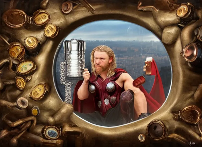 Image similar to thor inside a beer, lowbrow, matte painting, 3 - d highly detailed, in the style of mark ryden,