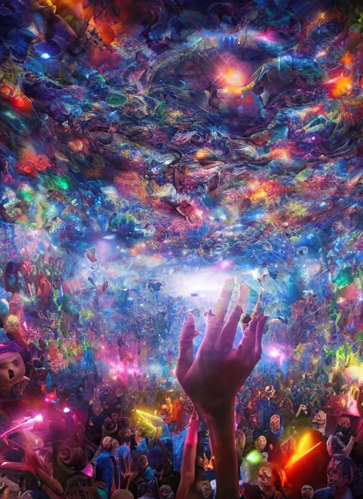 Image similar to cinematic shot cyberspace people of creativity, very large floating translucent images, hyper realistic, mood lighting, fantasy, detailed happy people creating diverse art, hands in the air, big video statues, highly detailed, super realistic, perfect lighting pixel sorting, style sheet