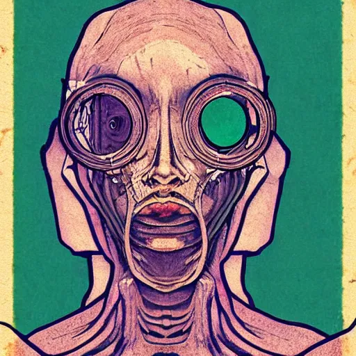 Image similar to portrait of human face inside is out of the skin, art nouveau, cyberpunk, grainy image