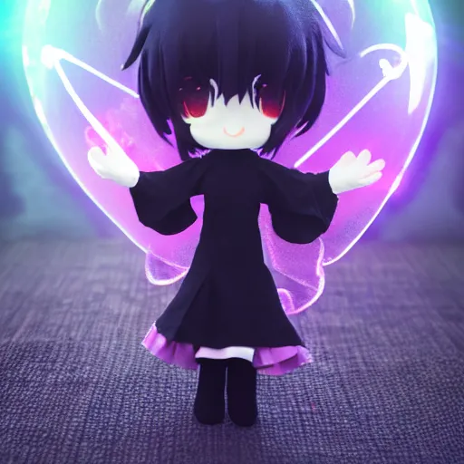 Prompt: cute fumo plush of a pure vantablack girl with a white glowing heart, lens flare, gothic regal, vray, sparks and liquid fire