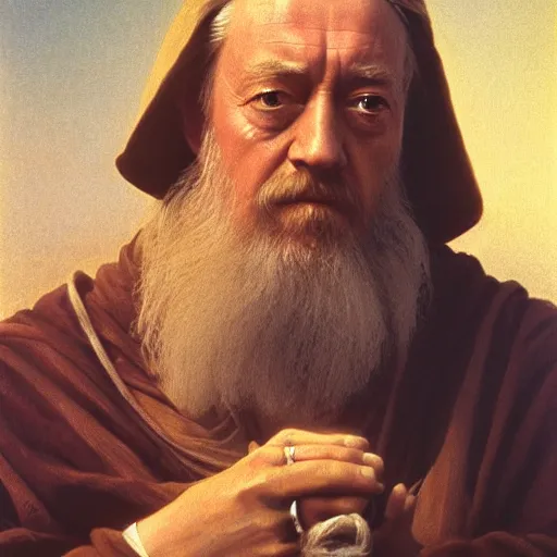 Image similar to Painting of Sir Alec Guinness as Obi-Wan Kenobi. Art by william adolphe bouguereau. During golden hour. Extremely detailed. Beautiful. 4K. Award winning.