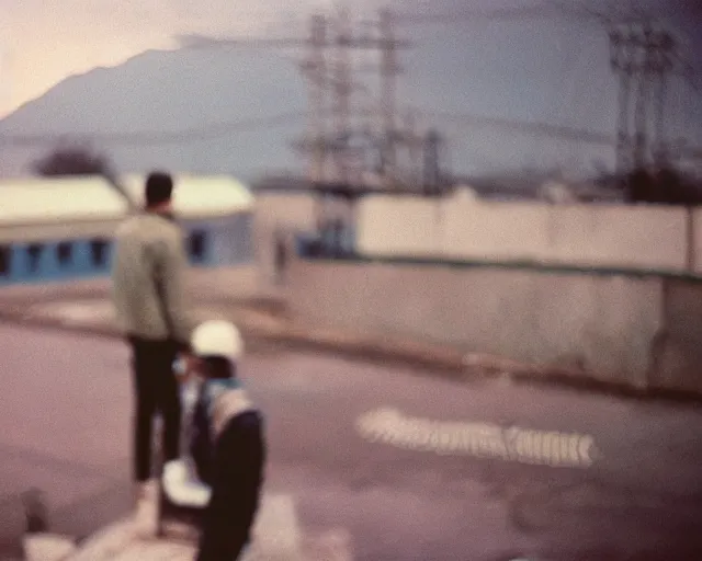 Image similar to lomo photo of man standing on the roof of soviet hrushevka, small town, cinestill, bokeh, out of focus