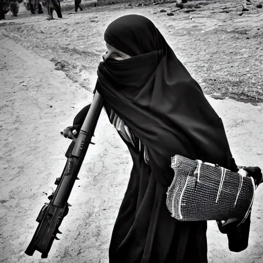 Image similar to 8 k uhd black and white portrait from burqa woman carrying a riffle's, 8 k uhd character details, national geography winning photo contest