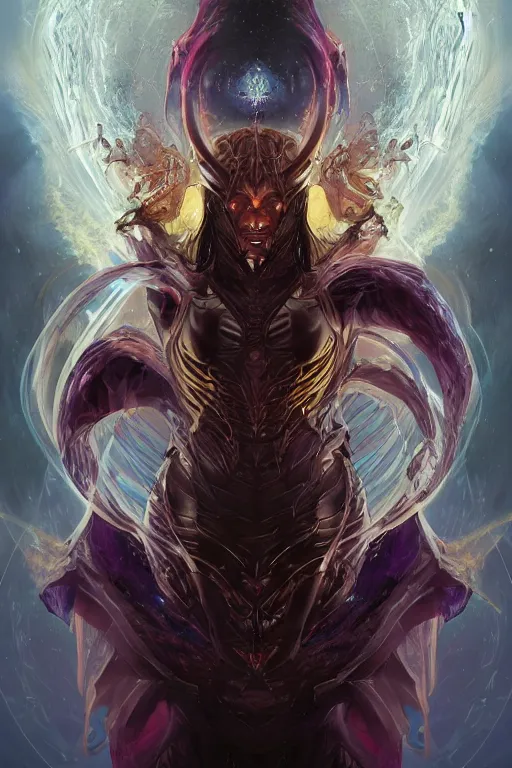 Image similar to portrait of a demonic galactic conqueror with inhuman body, galactic storms, nexus of the universe, godlike, full body, fantasy, intricate, elegant, highly detailed, digital painting, artstation, concept art, sharp focus, illustration, art by artgerm and greg rutkowski and alphonse mucha and ross tran