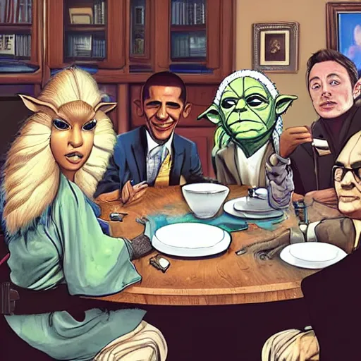 Image similar to peoples around a table, obama, yoda, elon musk, mia khalifa, skyrim