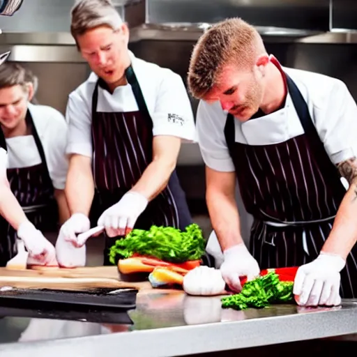 Prompt: a group of chef mice cooking steak, working together