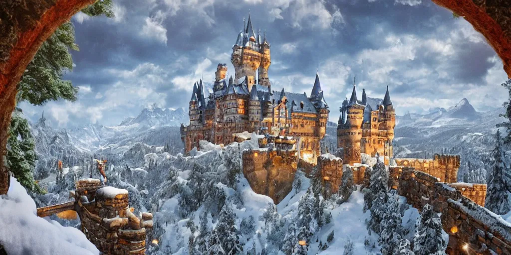 Image similar to a large castle amidst snowy mountain tops,lots of details,bridges,impossible,landscape,beautiful,pizza