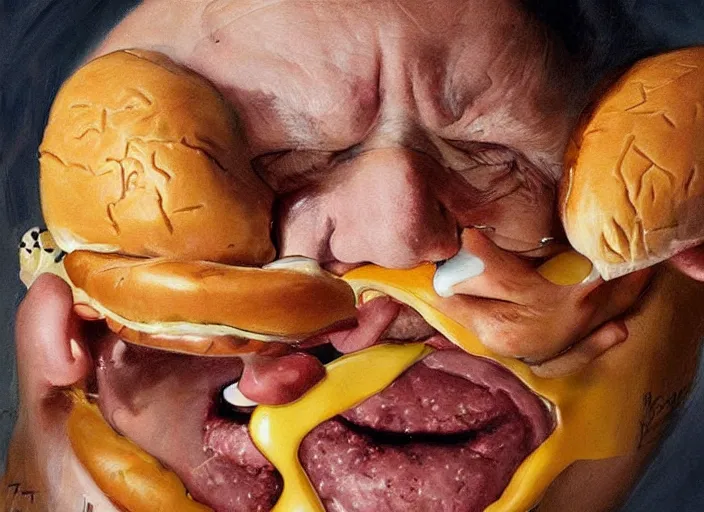 Image similar to realistic painting by jenny saville of!! donald trump!! licking a! cheeseburger!, art by jenny saville and tom bagshaw, detailed, sharp, smooth,! hamburger!