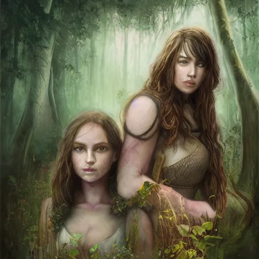 Prompt: portrait of sensual girl warrior and her daughter in a magical forest by leesha hannigan, fantasy, artwork, digital art, epic, highly detailed faces