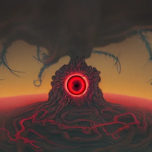 Prompt: translucent fleshy column of gory tendrils holding up a giant all - seeing eyeball, sharp mountains in the distance, dark red sky, smoke rising, apocalyptic, extremely detailed