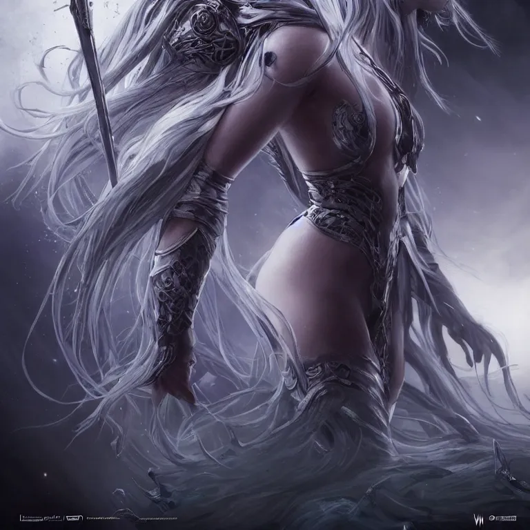 Image similar to beautiful cinematic fantasy poster, sci-fi, a beautiful female ghost with brilliant silver flowing hair and a brilliant jeweled silver helm, beautiful white glowing eyes, wideshot ultrawide angle epic scale, hybrid from The Elden Ring and art direction by Darius Zawadzki ;by artgerm; wayne reynolds art station; cinematic quality character render; low angle; ultra high quality model; production quality cinema model;