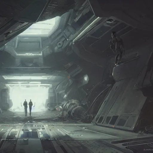 Image similar to concept art by greg rutkowski, three people wearing futuristic space suits, exploring the interior of an abandoned space station, brutalist futuristic interior, dark lighting atmosphere, detailed portraits, scary atmosphere, scifi, digital painting, artstation, concept art, smooth, sharp foccus ilustration, artstation hq