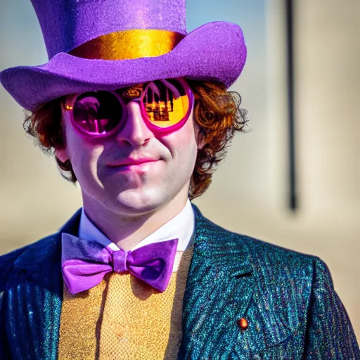 Prompt: Willy Wonka portrait, golden hour, EOS-1D, f/1.4, ISO 200, 1/160s, 8K, RAW, unedited, symmetrical balance, in-frame