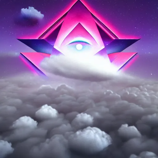 Image similar to all seeing eye floating in the clouds, illuminati, chroma coloring, cosmic, space clouds, implosion, render, concept art, 8k