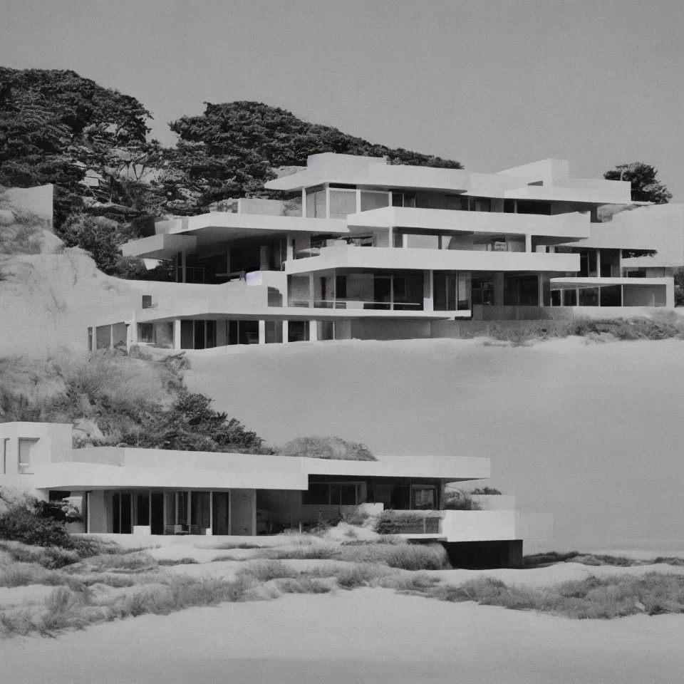 Image similar to architecture ad for a mid-century modern house on the beach, designed by Miles van der rohe. Film grain, cinematic, blue hue