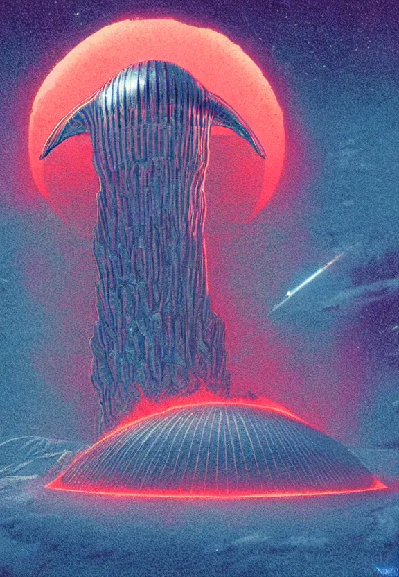 Prompt: a sky view of a massive intrincate chrome alien spaceship emerging from an active volcano, horror, holographic, risographic, digital art, 4 k, vintage sci - fi, inspired by moebius, inspired by thim white, inspired by h. r. giger