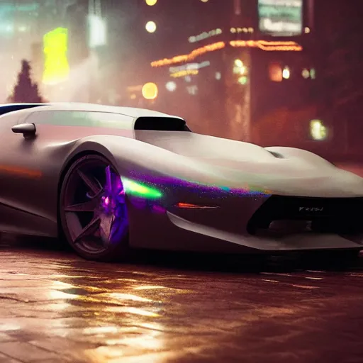 Image similar to car with holographic paint, pearlescent, elegant, digital painting, concept art, smooth, sharp focus, art style from Wang Ke and Greg Rutkowski and Bruce Kaiser and Scott Robertson and Dmitry Mazurkevich and Doruk Erdem and Jon Sibal, small style cue from Blade Runner