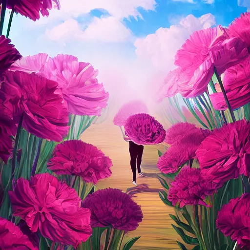 Prompt: a large carnation flower head, woman running between luxury apartments, surreal photography, sunlight, impressionist painting, digital painting, artstation, simon stalenhag