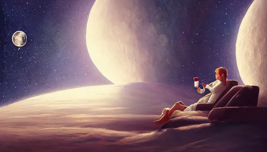 Prompt: beautiful painting of astronaut sitting in sofa at moon with cup of coffee looking at far earth, wide shot, digital painting, intricate details, trending on artstation, concept art, octane render, realistic, highly detailed, smooth, sharp focus, beautiful, 4 k, 8 k, hd, art by charlie bowater and artgerm and greg rutkowski
