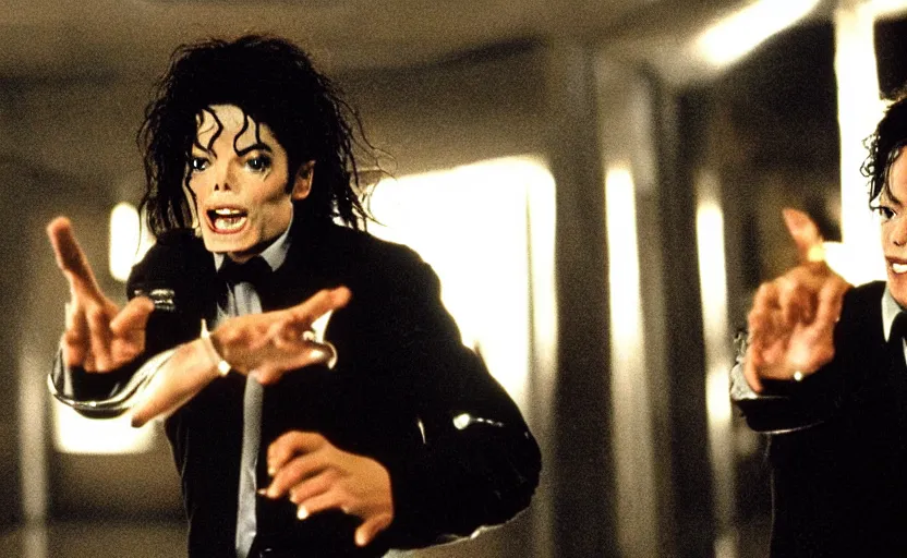 Prompt: michael jackson running after a alien in men in black