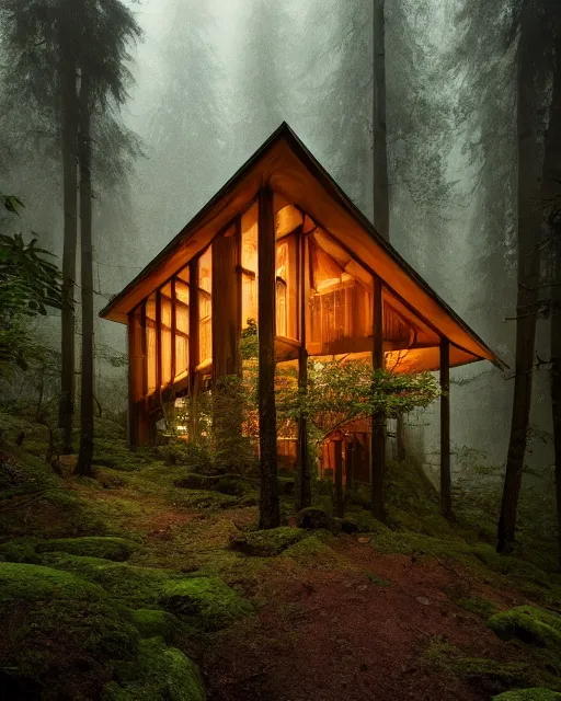 Image similar to an exquisite wooden house in a lush forest, architectural photography, dark and dim lighting, beautiful, tranquil, moody, cinematic, fantasy, 3 5 mm lens, volumetric lighting, first person view, photographic render, hyper realistic