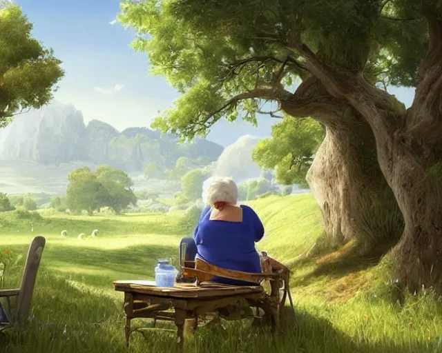 Image similar to of a very beautiful scene. ambient occlusion render. a sweet fat old woman is painting a pastoral landscape on the wall. hyper realistic. 4 k. wide angle. wild. symmetrical face, red mouth, blue eyes. deep focus, lovely scene. ambient occlusion render. concept art. unreal engine.