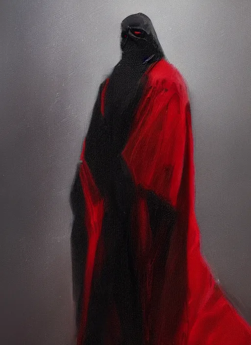 Prompt: an oil concept art painting of a dark figure wearing a red robe by noah bardley, detailed, digital art, trending on artstation, mysterious, dark atmosphere, cinematic lighting, cinematic