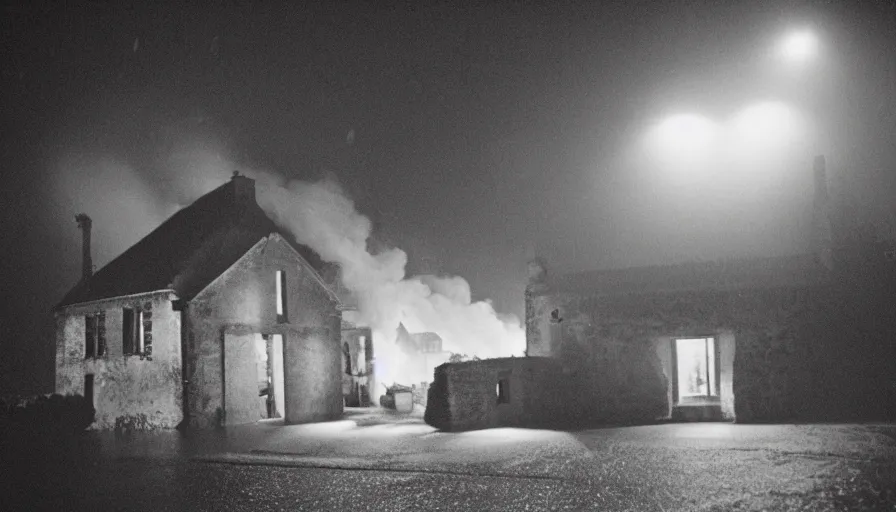 Image similar to 1 9 7 0 s movie still of a heavy burning french style stonehouse in a small french village by night rain, cinestill 8 0 0 t 3 5 mm, heavy grain, high quality, high detail, dramatic light, anamorphic, flares