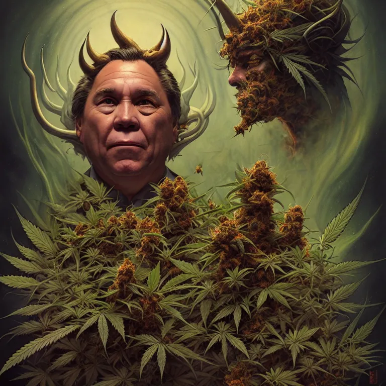 Image similar to a portrait of a cannabis devil premier francois legault in 2 0 2 1 illustrated by miyazaki by karol bak, james jean, tom bagshaw, rococo, sharp focus, trending on artstation, cinematic lighting, hyper realism, octane render, 8 k, hyper detailed, vivid, ultra detailed, highly detailed